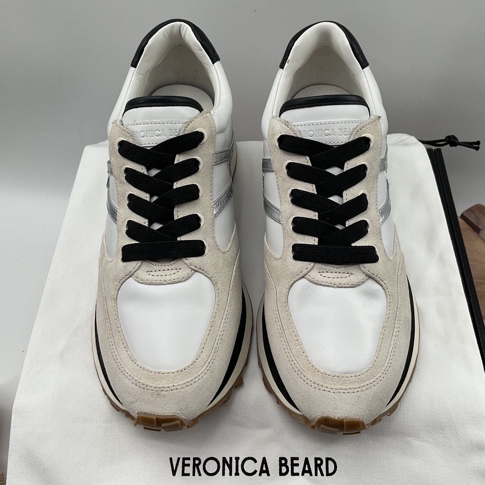 Veronica Beard Valentina Mixed Leather Retro Dash Sneakers White Leather Suede